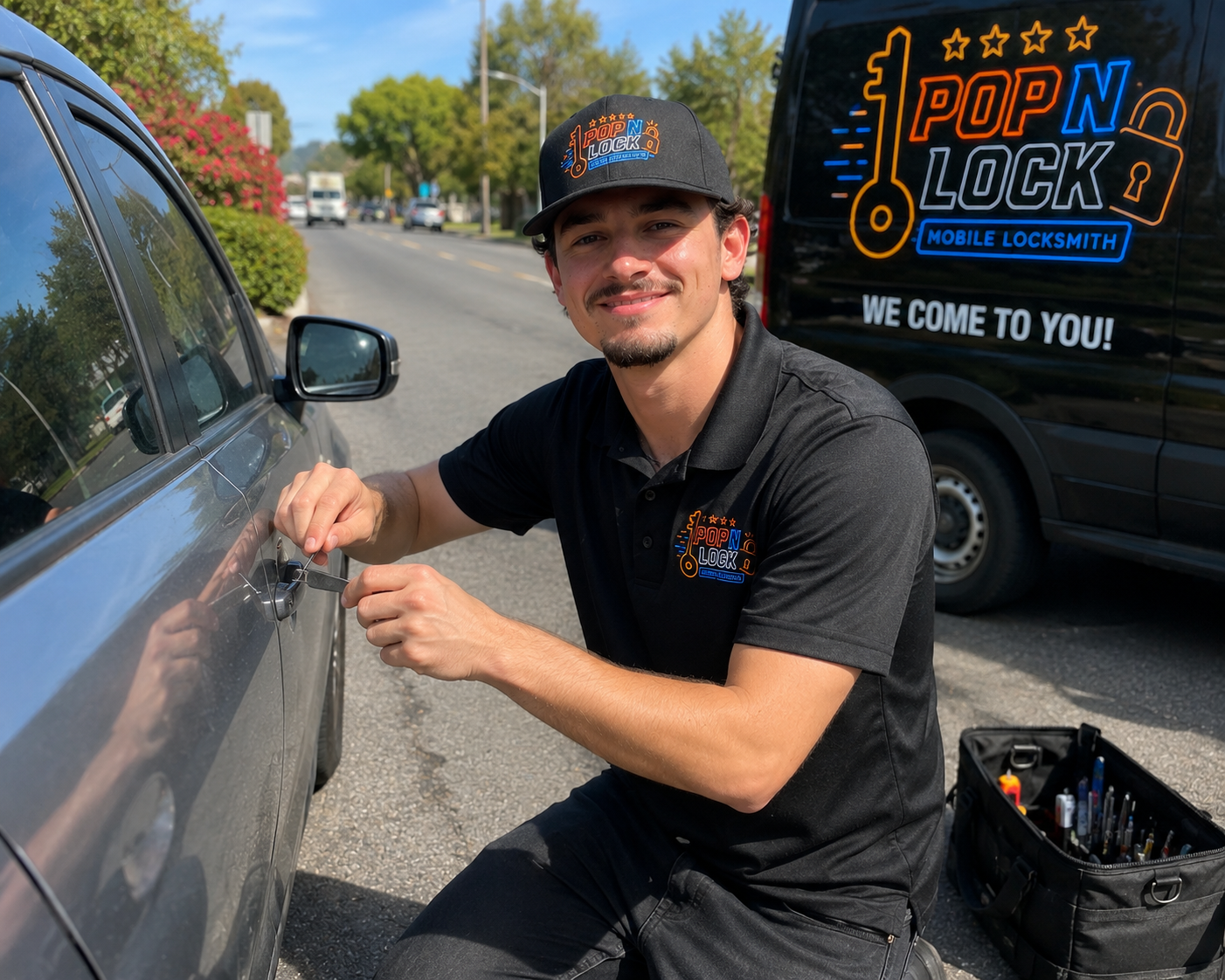 Cody Benson on a mobile locksmith job — unlocking a vehicle with the Pop N Lock van